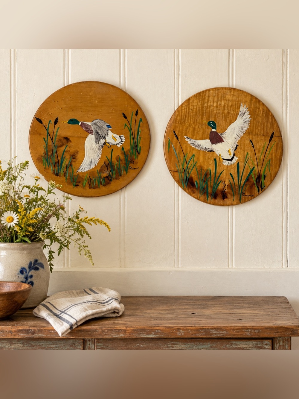 Pair of Signed Hand-Painted Mallard Duck Wood Wall Plaques | Rustic Cabin Decor